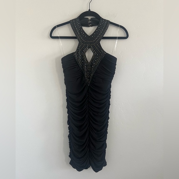 Y2K Crystal Doll Black Ruched Mini Dress with Rhinestone Halter Neckline - Picture 1 of 8